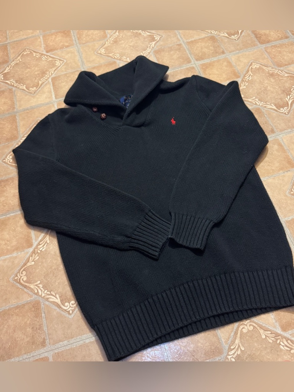 Polo Ralph Lauren Shawl Collar Knit Sweater XL (18-20) Black Red Pony